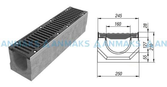 Схема: Лоток водоотводный BetoMax ЛВ-16.25.21-Б бетонный с решёткой щелевой чугунной ВЧ кл. Е (комплект) 04340