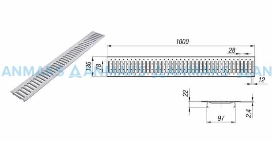 Схема: Решетка водоприемная РВ -10.13,6.100 - штампованная стальная оцинкованная кл. А (нагрузка до 1,5 тонн)