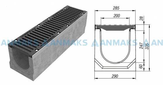 Схема: Лоток водоотводный BetoMax ЛВ-20.29.33-Б бетонный с решёткой щелевой чугунной ВЧ кл. Е (комплект) 04500
