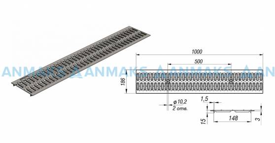 Схема: Решетка водоприемная РВ -15.18,6.100 - штампованная стальная оцинкованная кл. А (нагрузка до 1,5 тонн)