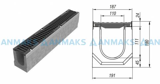 Схема: Лоток водоотводный BetoMax ЛВ-11.19.18-Б бетонный с решёткой щелевой чугунной ВЧ кл.Е (комплект) 04150»