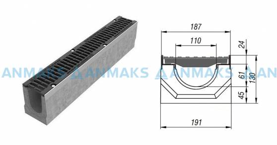 Схема: Лоток водоотводный BetoMax ЛВ-11.19.13-Б бетонный с решёткой щелевой чугунной ВЧ кл.Е (комплект) 04140