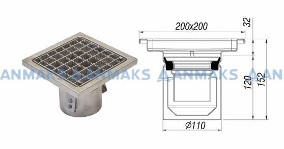 Схема: Трап мини 200х200 мм с вертикальным выпуском Ф110 мм в комплекте с гидрозатвором, уловителем механических примесей и покрытием