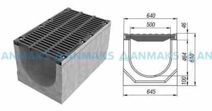 Лоток водоотводный BetoMax ЛВ-50.64.61-Б бетонный с решёткой щелевой чугунной ВЧ кл. Е (комплект)