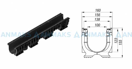 Схема: Лоток водоотводный PolyMax Basic ЛВ-10.16.16-ПП пластиковый 8000