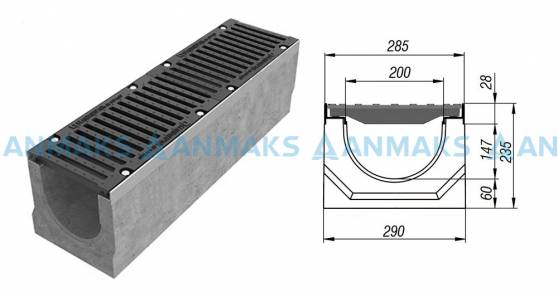 Схема: Лоток водоотводный BetoMax ЛВ-20.29.23-Б бетонный с решёткой щелевой чугунной ВЧ кл. Е (комплект) 04540