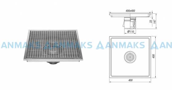 Схема: Трап для кухни 400х400 мм с вертикальным выпуском Ф110 мм в комплекте с гидрозатвором, уловителем механических примесей и покрытием